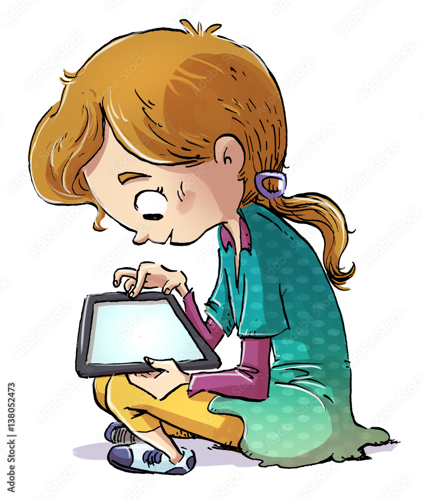 niña sentada con tablet Stock Illustration | Adobe Stock