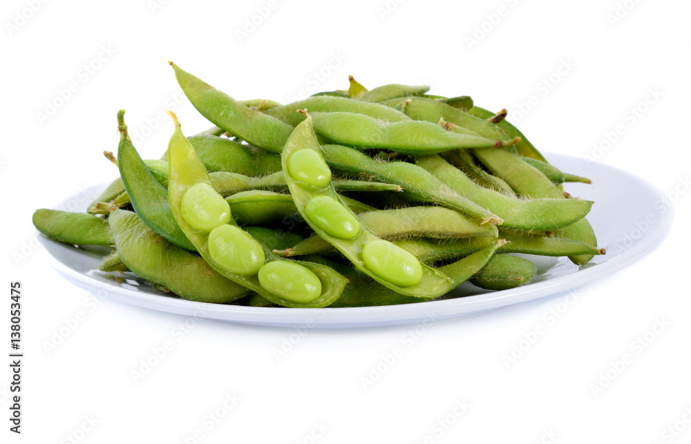 green soybeans Janpan in the dish on white background green soybeans Janpan in the dish on white background