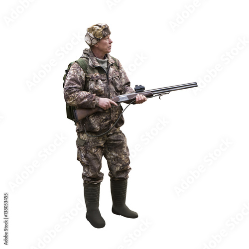Adult hunter with a backpack and a gun. Man isolated on white background.