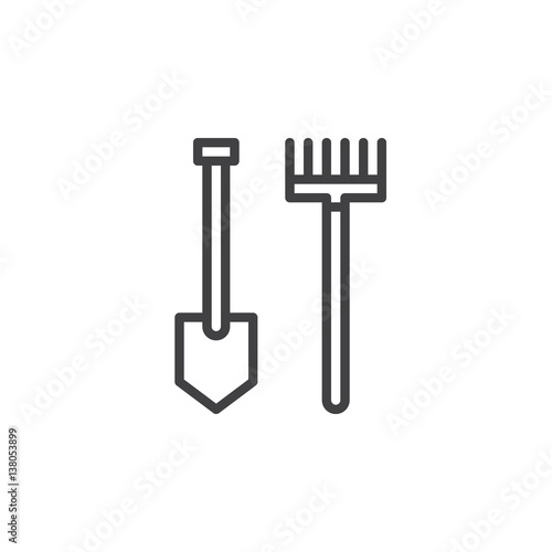 Rake and shovel line icon, outline vector sign, linear style pictogram isolated on white. Garden accessories for gardening Symbol, logo illustration