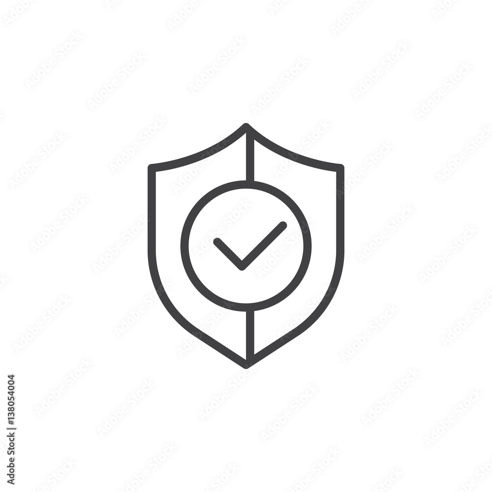 Shield with check mark line icon, outline vector sign, linear style pictogram isolated on white. Buyer protection symbol, logo illustration Shield with check mark line icon, outline vector sign, linear style pictogram isolated on white. Buyer protection symbol, logo illustration