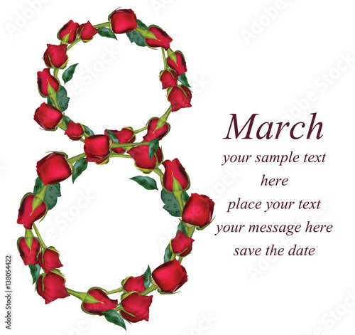 8 March Women Day greeting card. realistic red roses Vector illustration