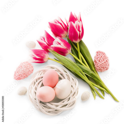 Spring tulips with Easter eggs