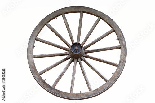 isolated wooden farm wagon wheel