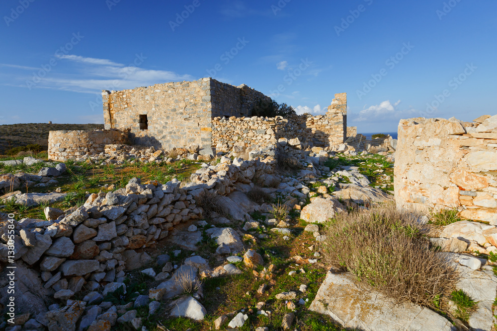 Castle over Livadi beach on Iraklia island in Lesser Cyclades, Greece.