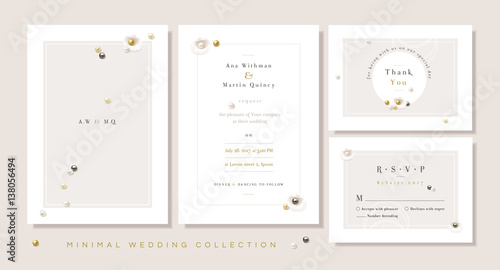 Minimal wedding collection templates, invitation front and back, thank you card and rsvp in soft color hues with seashells and gemstone pearls
