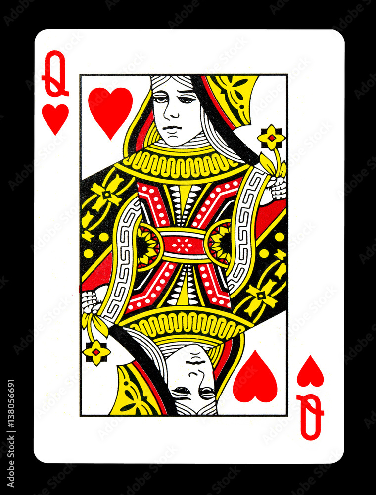 Queen of hearts playing card, isolated on black background.