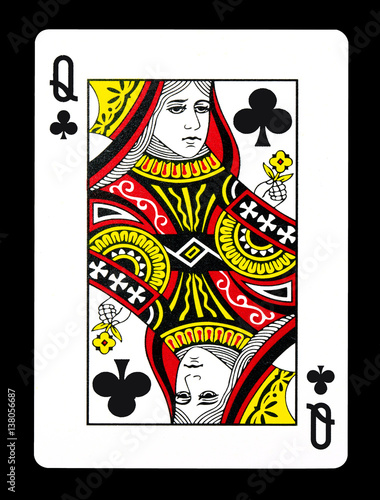 Queen of clubs playing card, isolated on black background.