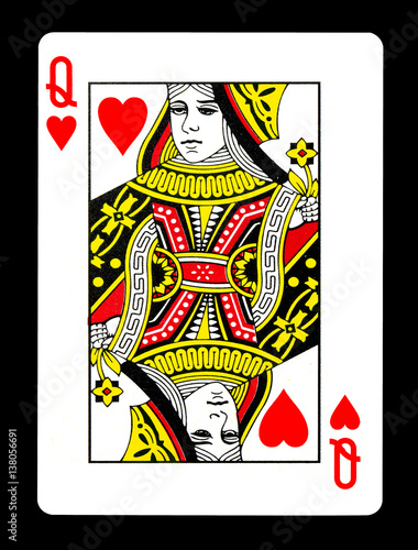 Queen of hearts playing card  isolated on black background.