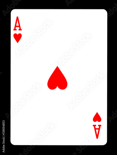 Ace of hearts playing card, isolated on black background.