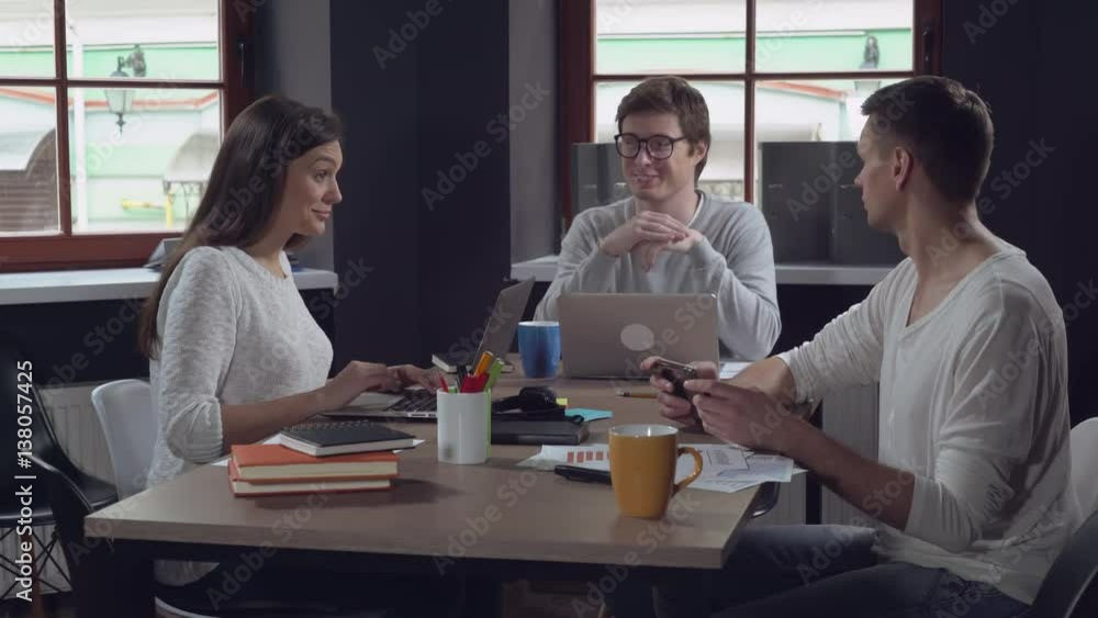 Smiling people in start up company. Team building support before start new project. Smiling people in start up company. Team building support before start new project.