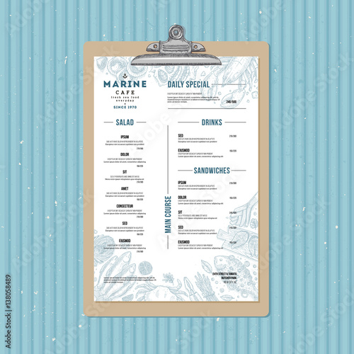 Seafood menu template. Fish restaurant design template. Vector illustration