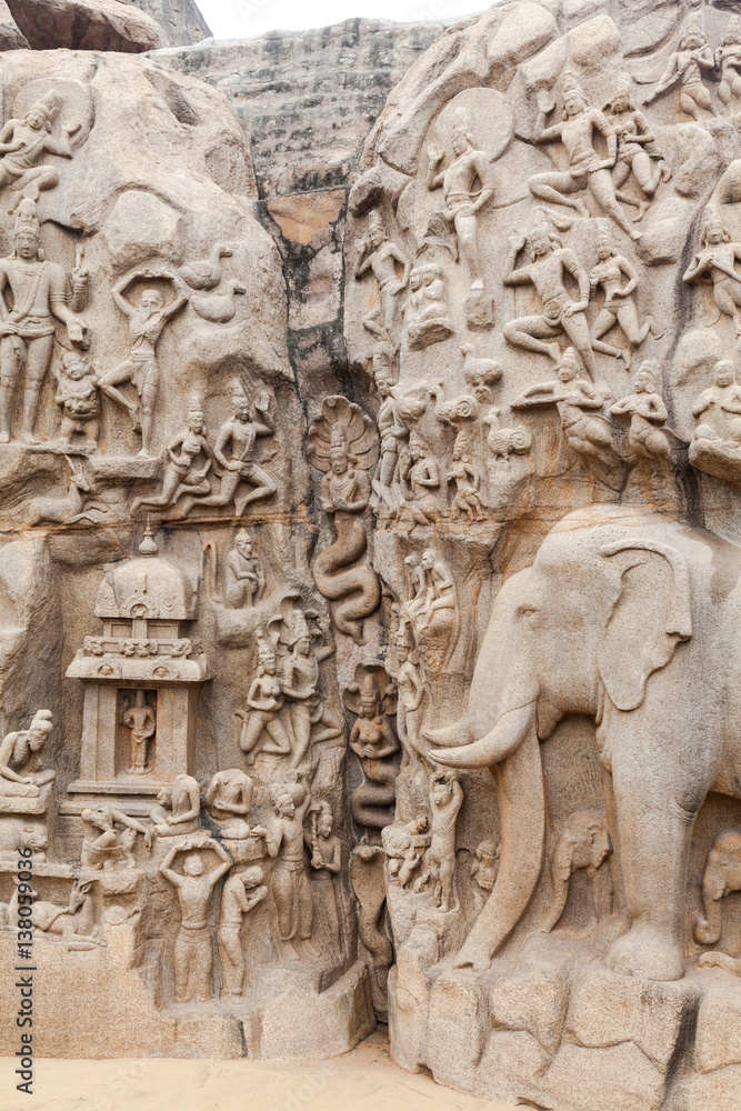 Arjuna's Penance Panel, Mahabalipuram, Coromandel Coast of the Bay of Bengal in Kancheepuram District in Tamil Nadu, India