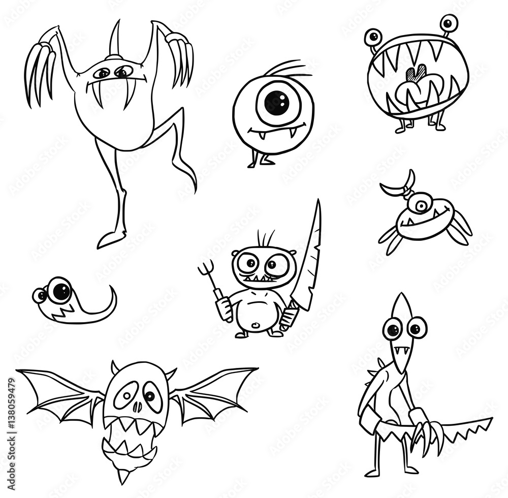 Collection of Monster Alien Vector Cartoon Doodle Characters Stock ...