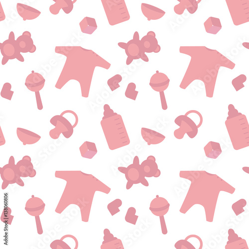 Baby born pink things pattern. Newborn decor template wrapping. Vest / cap / cube / rattle / pacifier / bottle / toy bear / booties.