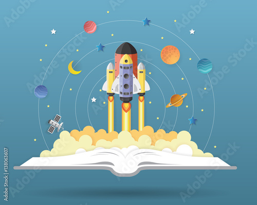Open book with solar system, space shuttle, planets, stars, Earth, comet.paper art