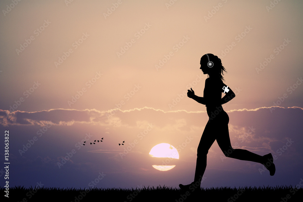 woman runs with headphones for music