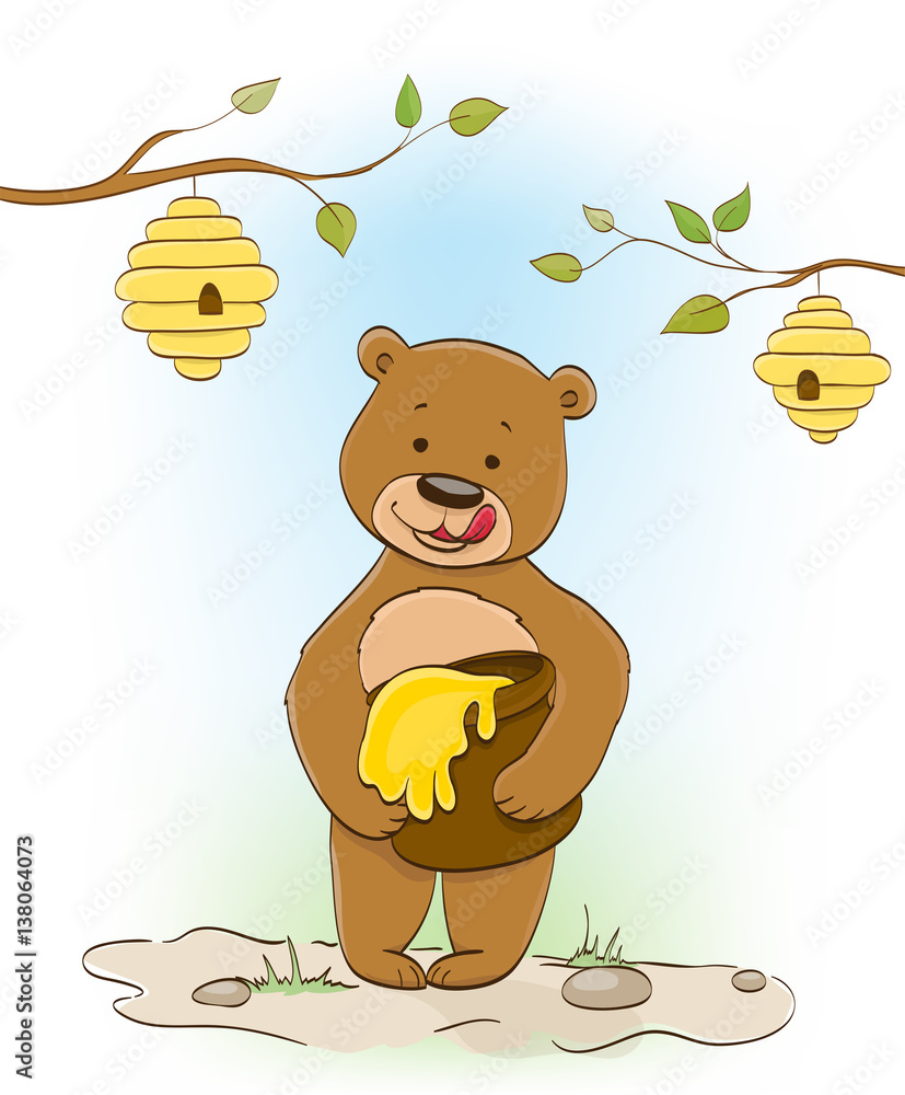 cute little cartoon bear eating honey, beehives on trees. vector