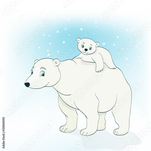 mother polar bear with her child on back in winter cartoon vector illustration.