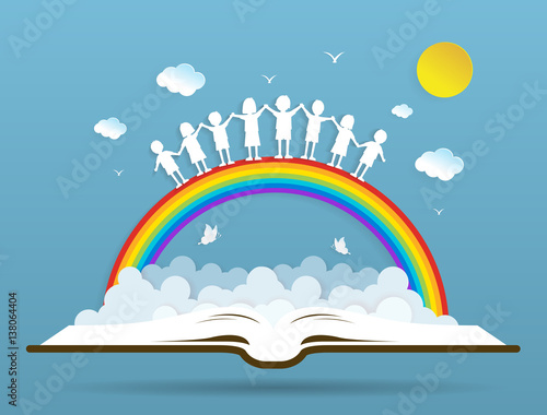 kids playing with the rainbow on book,paper art style