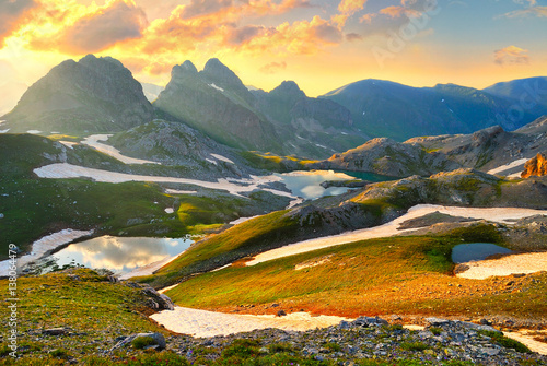 Sunset on the mountain plateau lakes of the Caucasus.