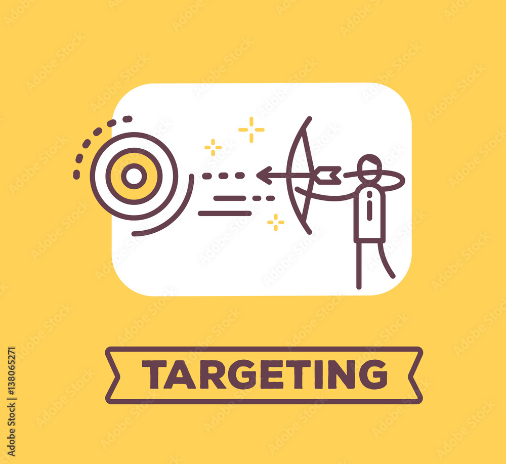 Vector business illustration of a man shoots a bow right on target on yellow background with title.