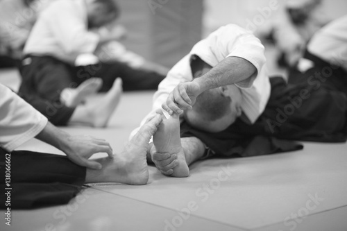 Special exercises and warm-up with a muscle strain in training Aikido