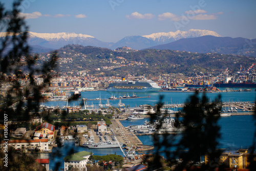 Panorama with a harbour, houses, sea and mountains © hreniuca