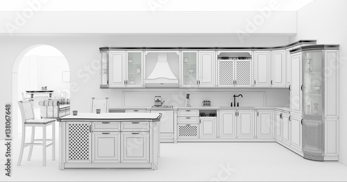 Kitchen interior in classic style grid 3D rendering 