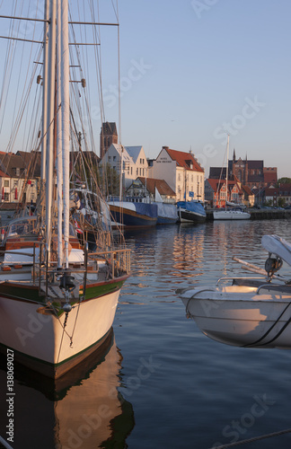 City of Wismar Germany. Harbour and boats. Evening light. Mecklenburg-West Pomerania