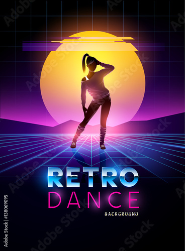 Retro 1980's dancing lady with glitch sunset background. Vector illustration