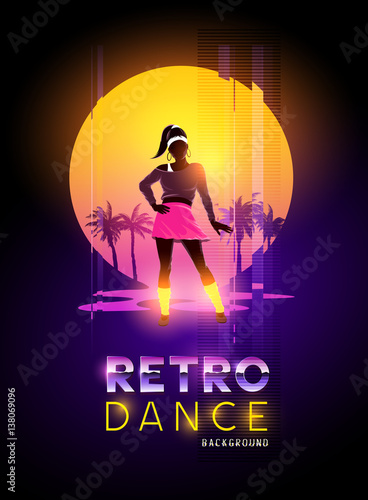 A women dancer against a retro glitch sunset. Vector illustration