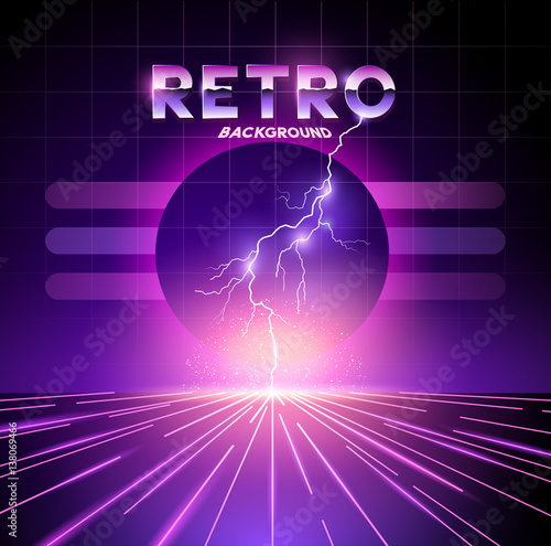 Retro 1980's neon horizon background with lightning bolts. Vector illustration