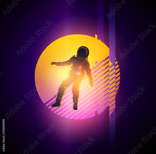 Retro 1980's gitch distortion background with a spaceman. Vector illustration