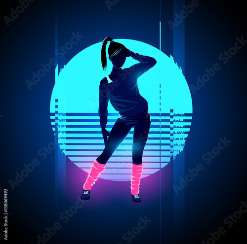 Retro 1980's glowing neon dancing lady with glitch sunset background. Vector illustration