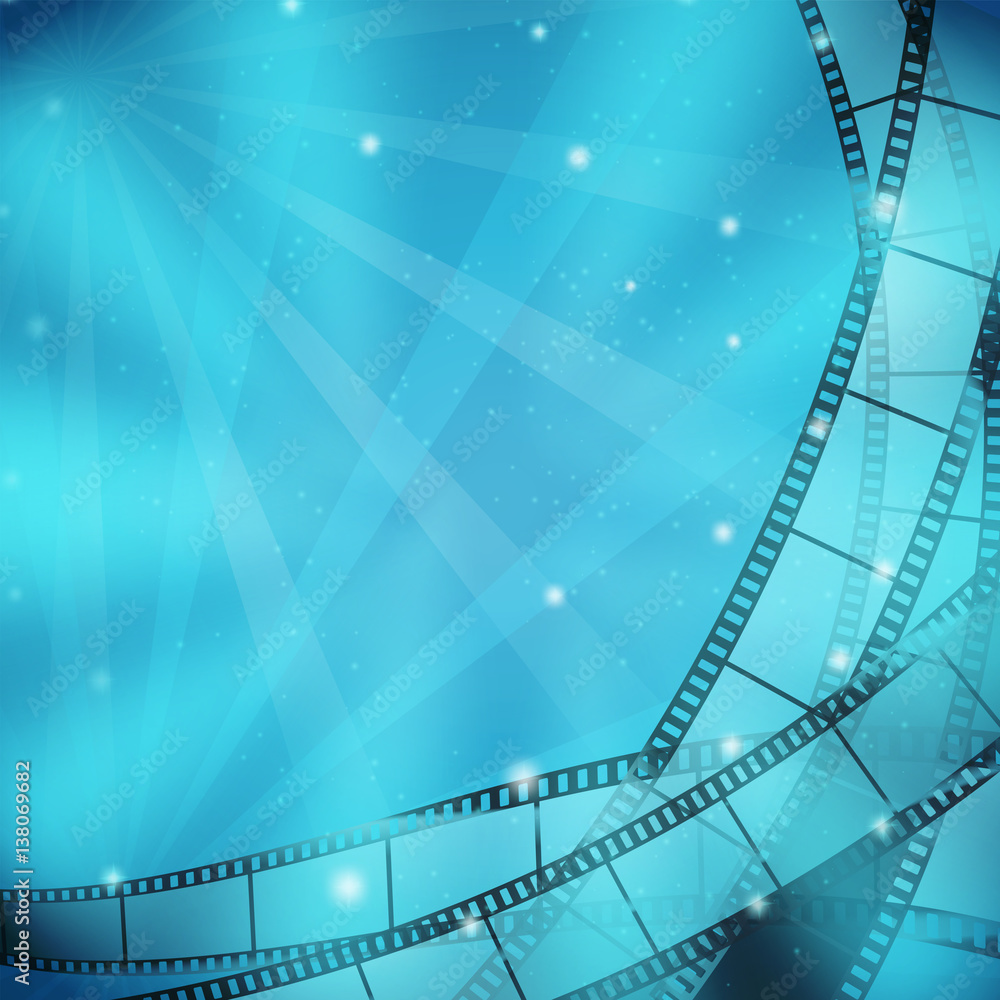 cinema background with rays, stars, film strips. vector