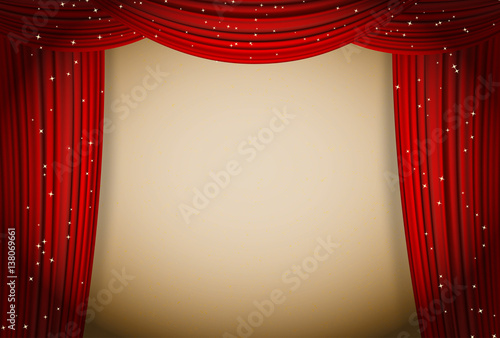 open red curtains theater background with glittering stars. Movie or other presentation design template. vector