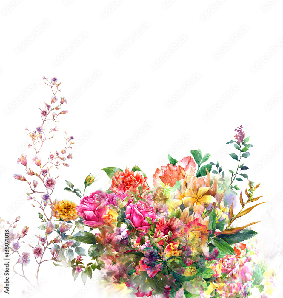 watercolor painting of leaves and flower, on white background watercolor painting of leaves and flower, on white background