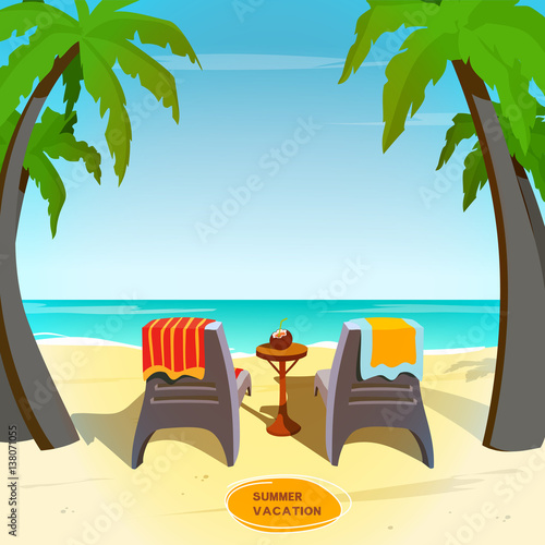 Sunbeds for couple with towels in front of sea. Summer seaside card, vacation postcard, poster, banner template.