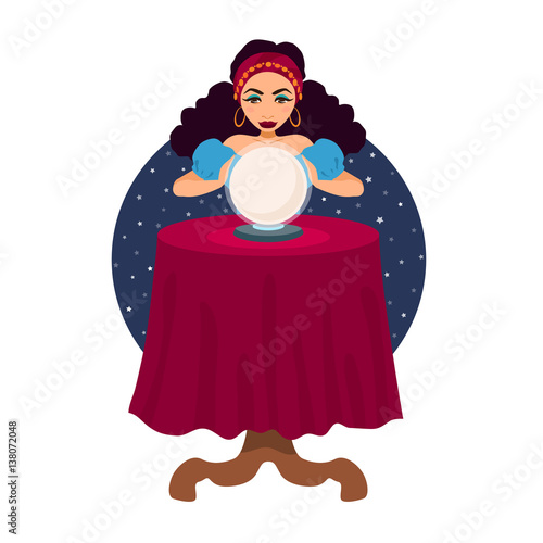 Gypsy fortune teller with crystal ball and a table.