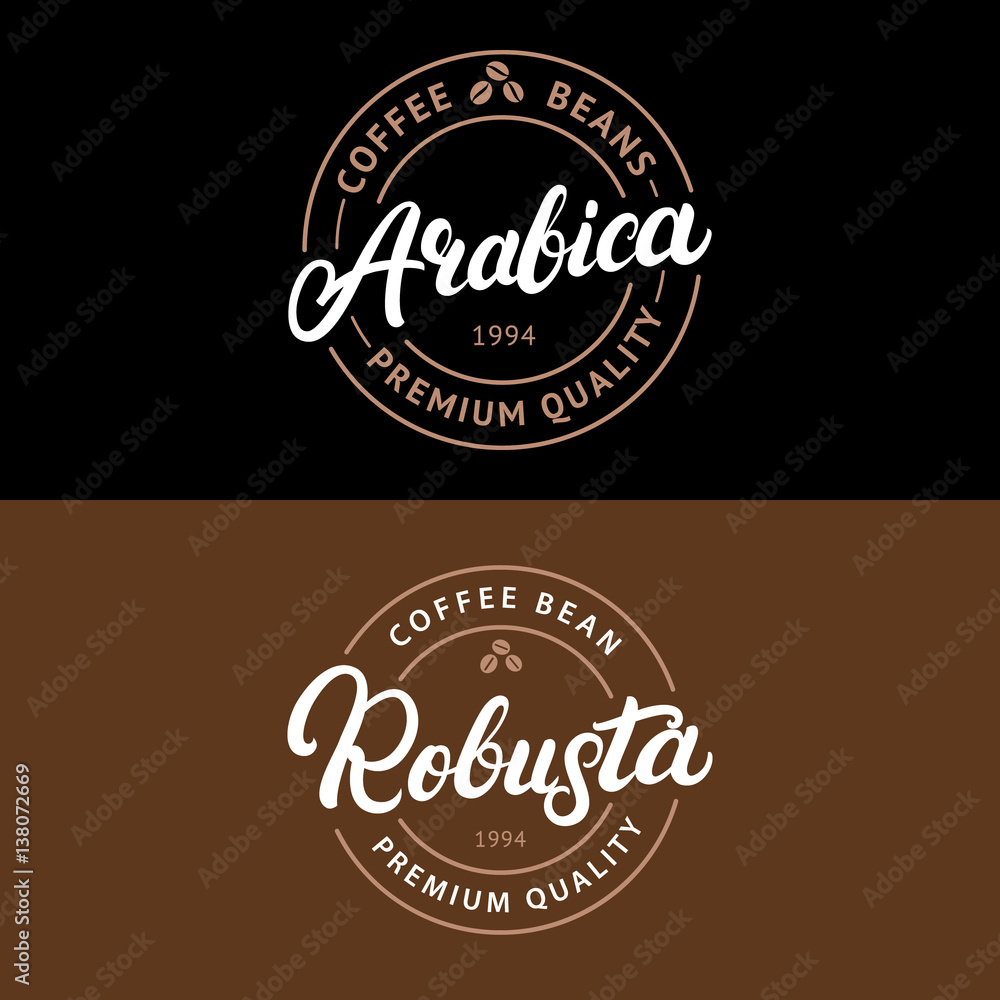 Set of Arabica and Robusta coffee hand written lettering logo, label, badge, emblem. Set of Arabica and Robusta coffee hand written lettering logo, label, badge, emblem.