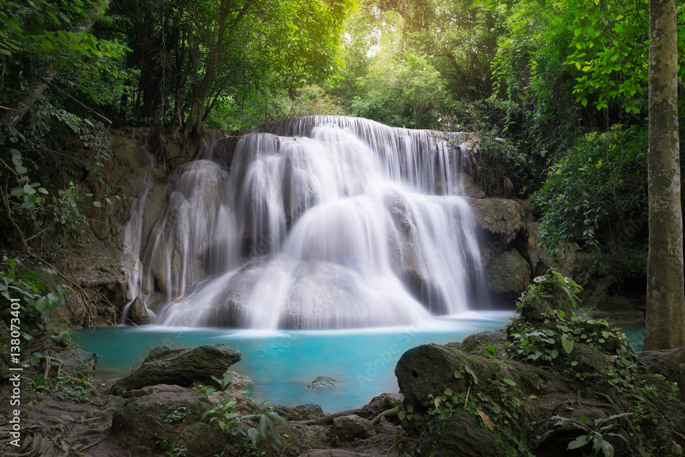 Huay Mae Kamin Waterfall, beautiful waterfall in autumn forest, Kanchanaburi province, Thailand