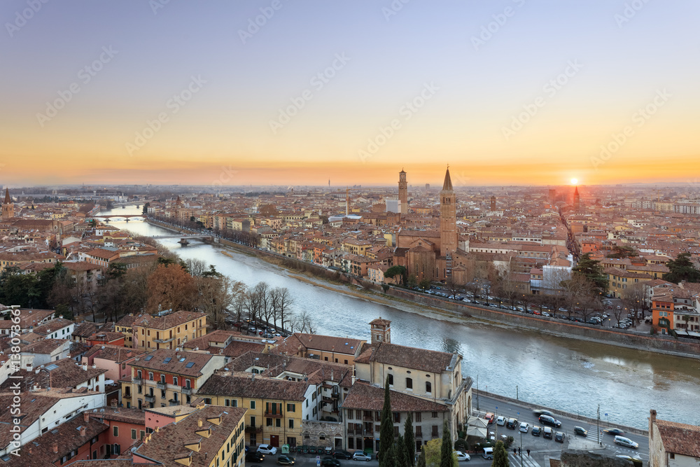Panorama of Verona historical quarter from viewpoint, Italy