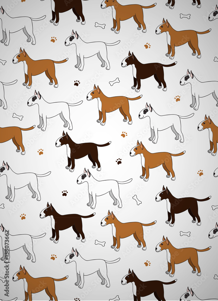 Awesome seamless pattern with cute cartoon dogs. Breed bullterier.