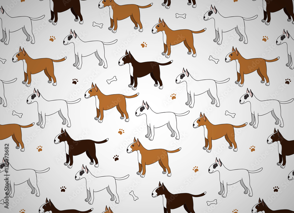 Awesome seamless pattern with cute cartoon dogs. Breed bullterier.