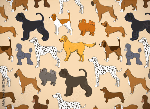 Greeting card with unusual pattern with cute cartoon dogs. Different breeds.