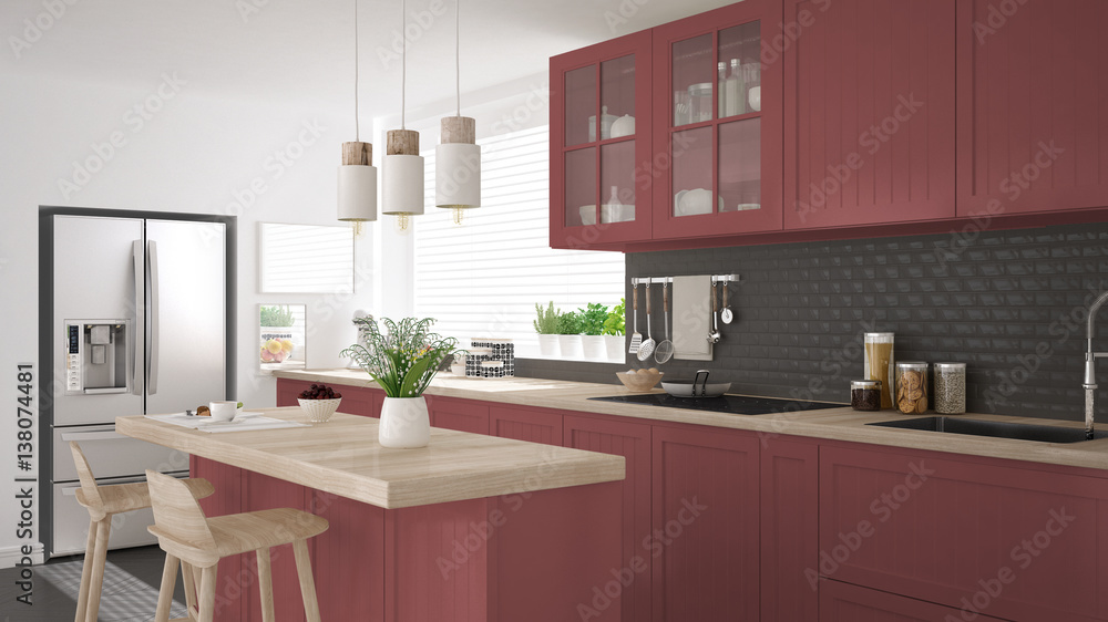Plakat Skandynawska klasyczna kuchnia z drewnianymi i czerwonymi detalami, minimalistyczny wystrój wnętrz