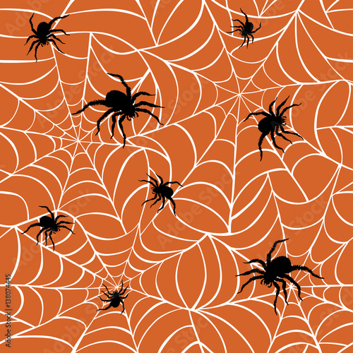 Spiders on Webs Seamless Pattern-Orange Background © Lisa Fischer