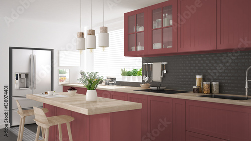 Scandinavian classic kitchen with wooden and red details, minimalistic interior design