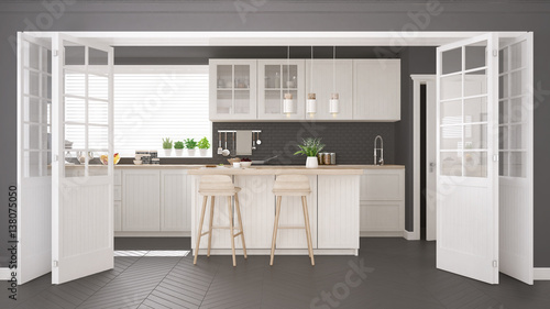 Scandinavian classic kitchen with wooden and white details, minimalistic interior design photo